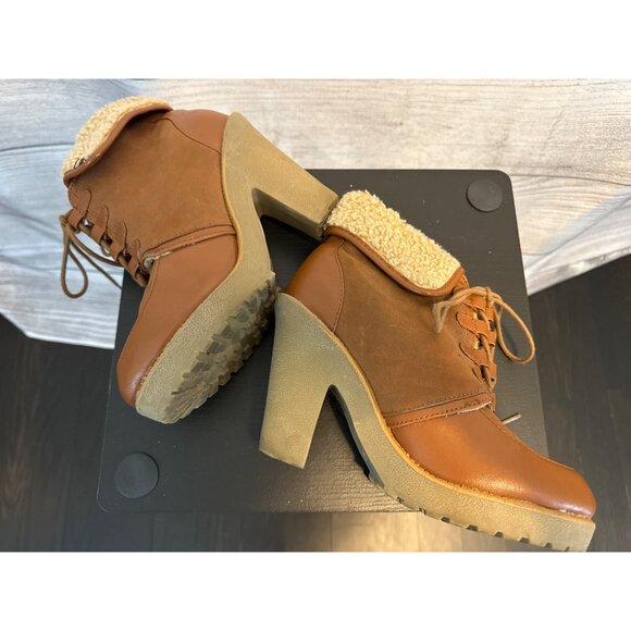 H&M Vintage-Style Brown Lace-Up Boots With Faux Fur Lining & Chunky Heel Size 8 - Picture 5 of 5